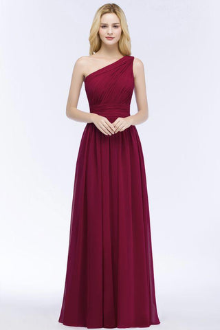 Bodenlanges Burgunderrotes Brautjungfernkleid aus Chiffon mit Rüschen und One-Shoulder-Träger