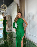 One Shoulder Green Satin Mermaid Prom Dress with Slit and Rhinestone