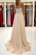 Long A-line Chiffon One Shoulder Lace Appliques Prom Dress with Slit