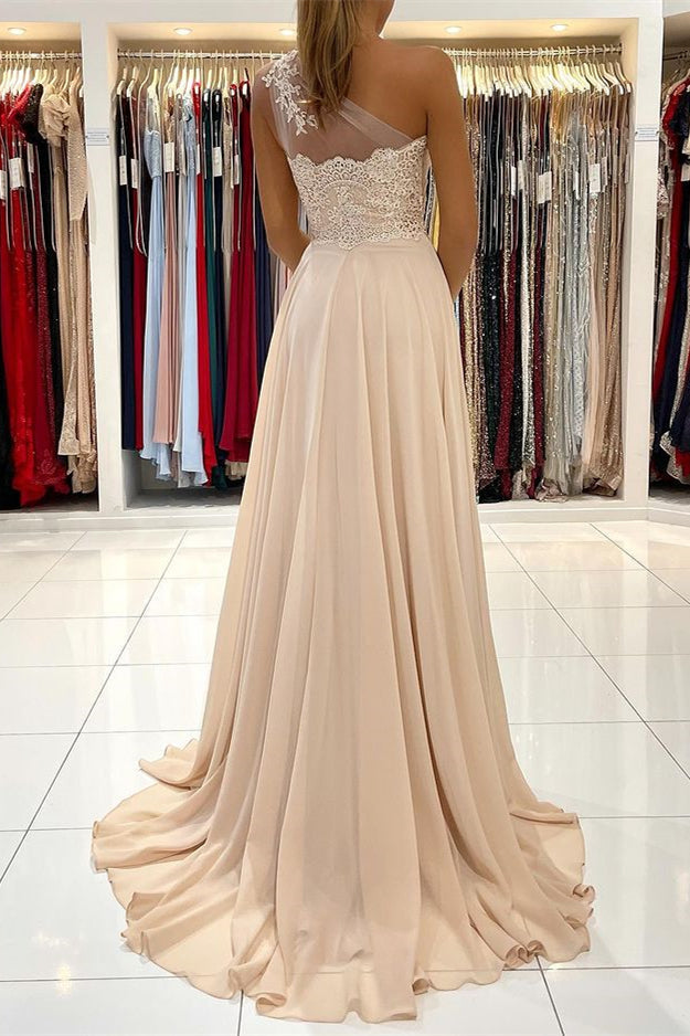 Long A-line Chiffon One Shoulder Lace Appliques Prom Dress with Slit