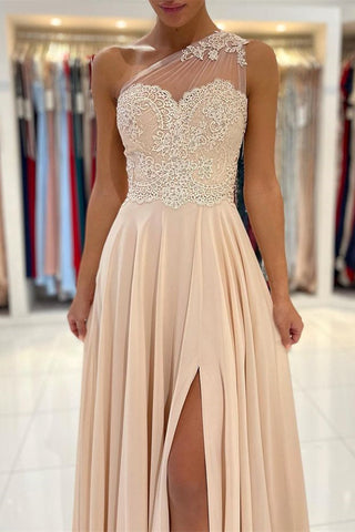 Long A-line Chiffon One Shoulder Lace Appliques Prom Dress with Slit