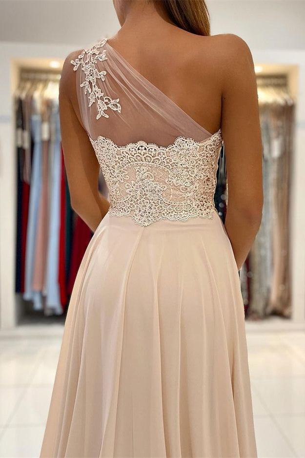 Long A-line Chiffon One Shoulder Lace Appliques Prom Dress with Slit
