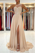 Vestido de fiesta largo de línea A de chiffon con hombro descubierto, aplicaciones de encaje y abertura lateral