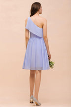 One Shoulder Lavender Mini Bridesmaid Dress Chiffon Knee Length Simple Daily Dress