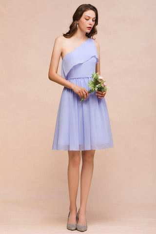 Lavendelfarbenes Mini-Brautjungfernkleid mit einer Schulter, knielang, Chiffon, einfaches Alltagskleid