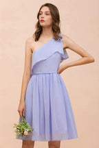 One Shoulder Lavender Mini Bridesmaid Dress Chiffon Knee Length Simple Daily Dress