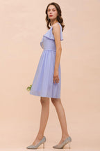 One Shoulder Lavender Mini Bridesmaid Dress Chiffon Knee Length Simple Daily Dress