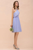 One Shoulder Lavender Mini Bridesmaid Dress Chiffon Knee Length Simple Daily Dress