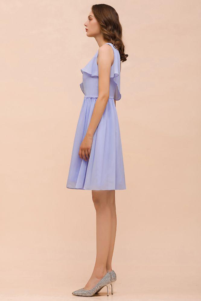 One Shoulder Lavender Mini Bridesmaid Dress Chiffon Knee Length Simple Daily Dress