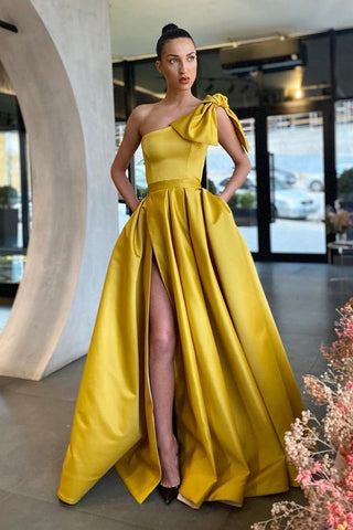 One Shoulder Long A-line Satin Front Slit Prom Dress With Pockets