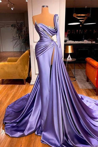 One Shoulder Long Sleeves Satin Front Slit Mermaid Evening Dress with Beadings