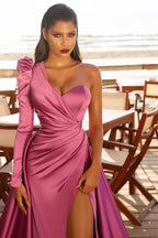 One Shoulder Long Sleeves Mermaid Satin Formal Prom Dress with Split