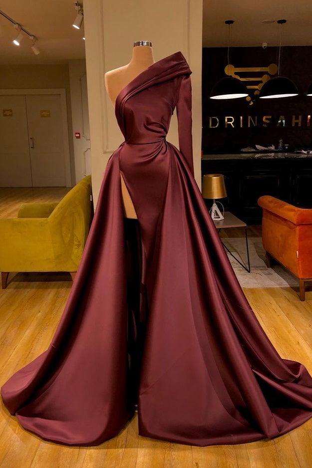 One Shoulder Long Sleeves Mermaid Satin Prom Dress with Split