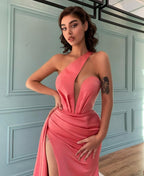 Long Satin One Shoulder Mermaid Evening Dress with Slit