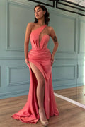 Vestido de Noche Largo de Sirena de Satén con un Solo Hombro y Abertura