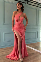 Long Satin One Shoulder Mermaid Evening Dress with Slit