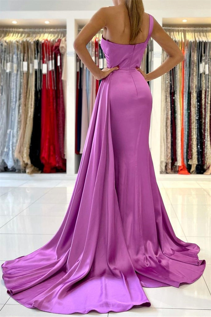 Long Satin One Shoulder Mermaid Evening Prom Dress with Ruffles