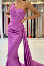 Long Satin One Shoulder Mermaid Evening Prom Dress with Ruffles
