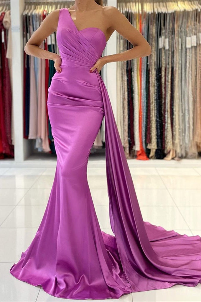 Long Satin One Shoulder Mermaid Evening Prom Dress with Ruffles