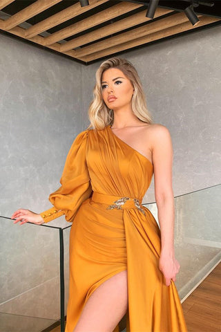 Long Sleeves Satin One Shoulder Mermaid Split Prom Dress with Ruffles