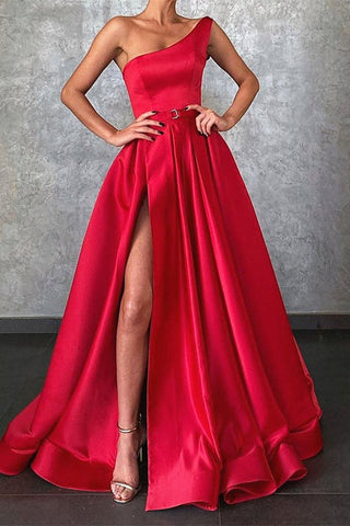 Long A-line One Shoulder Red Satin Front Slit Prom Dress with Pockets