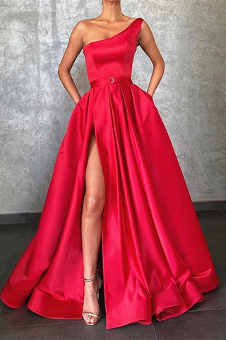 Long A-line One Shoulder Red Satin Front Slit Prom Dress with Pockets