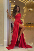One Shoulder Red Mermaid Satin Slit Formal Prom Dress Long
