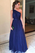 Einschultriges Königsblaues Tüll Langes Ballkleid Schlichtes Abendkleid PG846