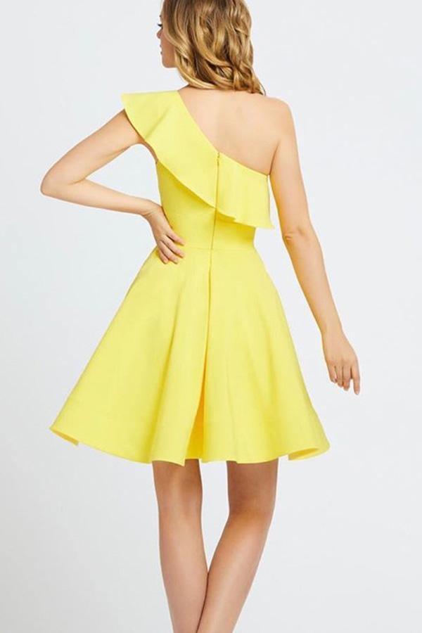 One Shoulder Ruffled Short Prom Dress Yellow Homecoming Dress  PD342