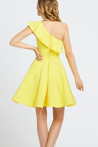 Kurzes Ballkleid mit einer Schulter und Rüschen, Gelbes Homecoming-Kleid PD342