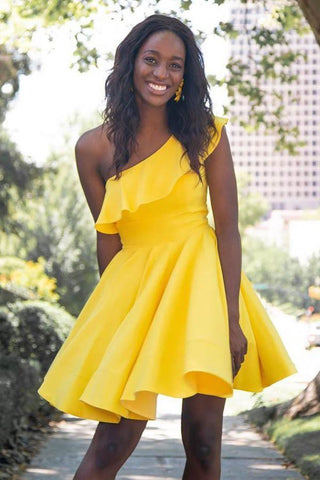 Kurzes Ballkleid mit einer Schulter und Rüschen, Gelbes Homecoming-Kleid PD342