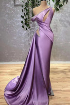 One Shoulder Sleeveless Lilac Mermaid Stain Prom Dress