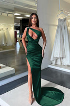 Dark Green One Shoulder Sleeveless Long Satin Slit Mermaid Evening Dress