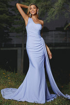 One Shoulder Sleeveless Ruffles Mermaid Long Evening Dress with Trail