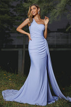 One Shoulder Sleeveless Ruffles Mermaid Long Evening Dress with Trail