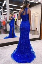 One Shoulder Split Front Mermaid Tulle Prom Dress with Applique Beadings