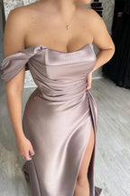 One Shoulder Strapless Long Mermaid Satin Prom Dress with Split