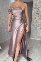 One Shoulder Strapless Long Mermaid Satin Prom Dress with Split