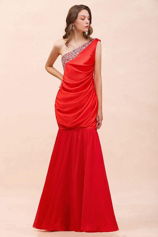 One-Shoulder-Strech-Satin-Brautjungfernkleid mit roten Rüschen, bodenlang/Mini-Partykleid