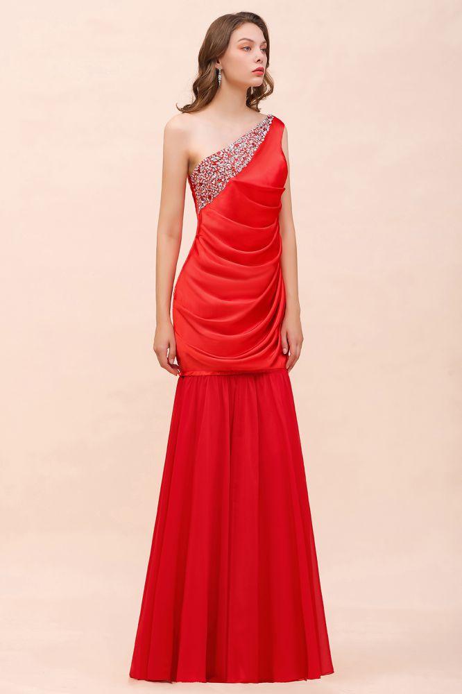 One Shoulder Strech Satin Red Ruffle Bridesmaid Dress Floor Length/Mini Party Dress