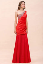 One Shoulder Strech Satin Red Ruffle Bridesmaid Dress Floor Length/Mini Party Dress