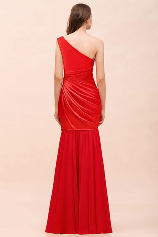 One-Shoulder-Strech-Satin-Brautjungfernkleid mit roten Rüschen, bodenlang/Mini-Partykleid