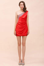 One Shoulder Strech Satin Red Ruffle Bridesmaid Dress Floor Length/Mini Party Dress