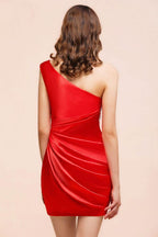 One Shoulder Strech Satin Red Ruffle Bridesmaid Dress Floor Length/Mini Party Dress