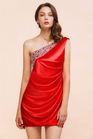 One-Shoulder-Strech-Satin-Brautjungfernkleid mit roten Rüschen, bodenlang/Mini-Partykleid