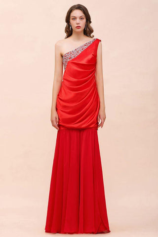 One-Shoulder-Strech-Satin-Brautjungfernkleid mit roten Rüschen, bodenlang/Mini-Partykleid