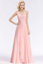 One-shoulder Sweetheart Ruffles Chiffon Bridesmaid Dress Aline Evening Dress
