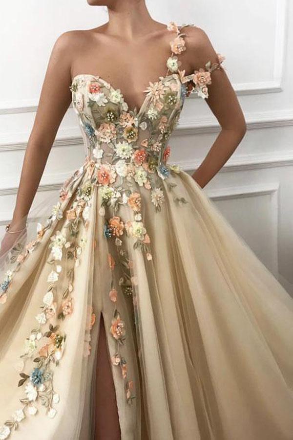 One-Shoulder Sweetheart Tüll 3D Blume Ballkleid mit Schlitz PG947