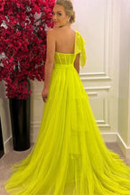 One-Shoulder Tulle A-Line Long Evening Dresses with Split