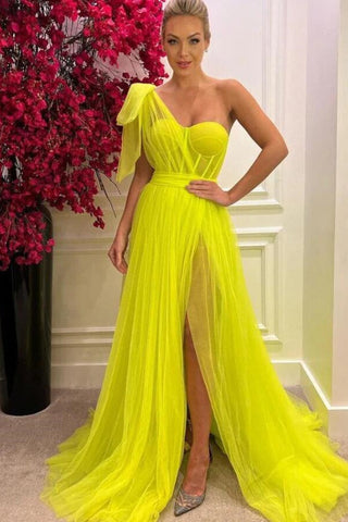 One-Shoulder Tulle A-Line Long Evening Dresses with Split